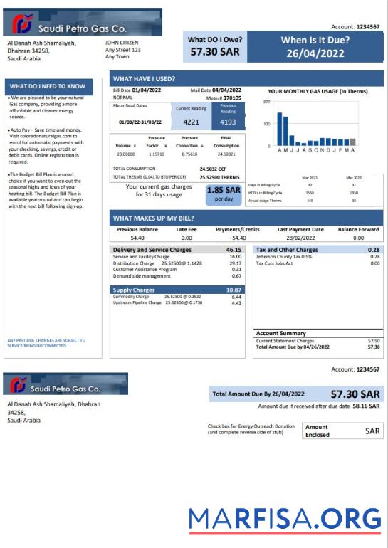 Blank Saudi Arabia Saudi Petro Gas utility bill, Word and PDF template